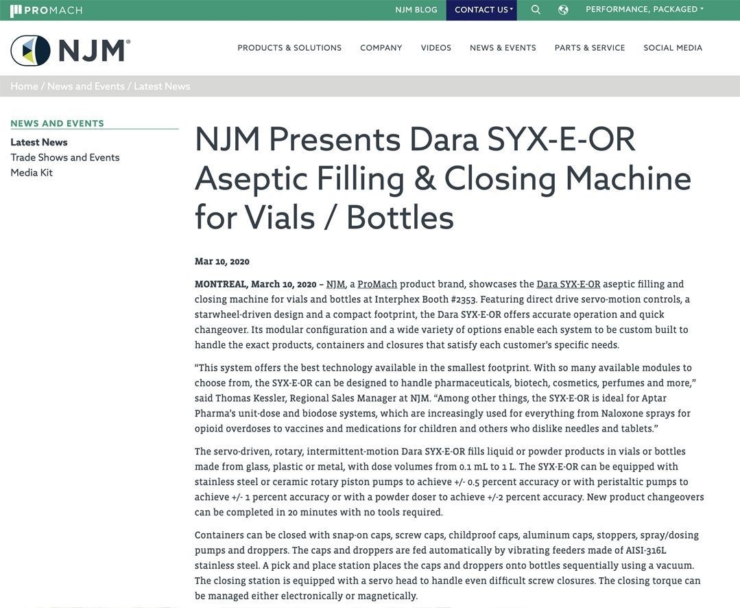 NJM Presents Dara SYX-E-OR Aseptic Filling & Closing Machine for Vials / Bottles