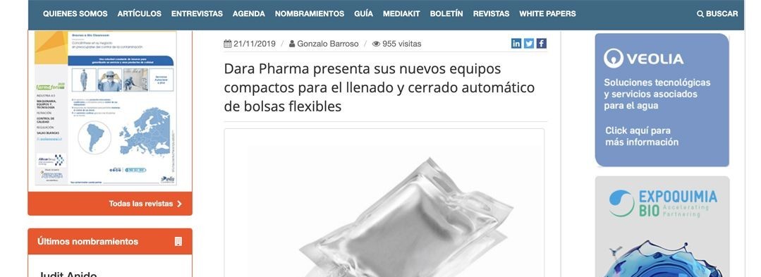 Dara Pharma presenta sus equipos compactos para el llenado y cerrado automático de bolsas flexibles