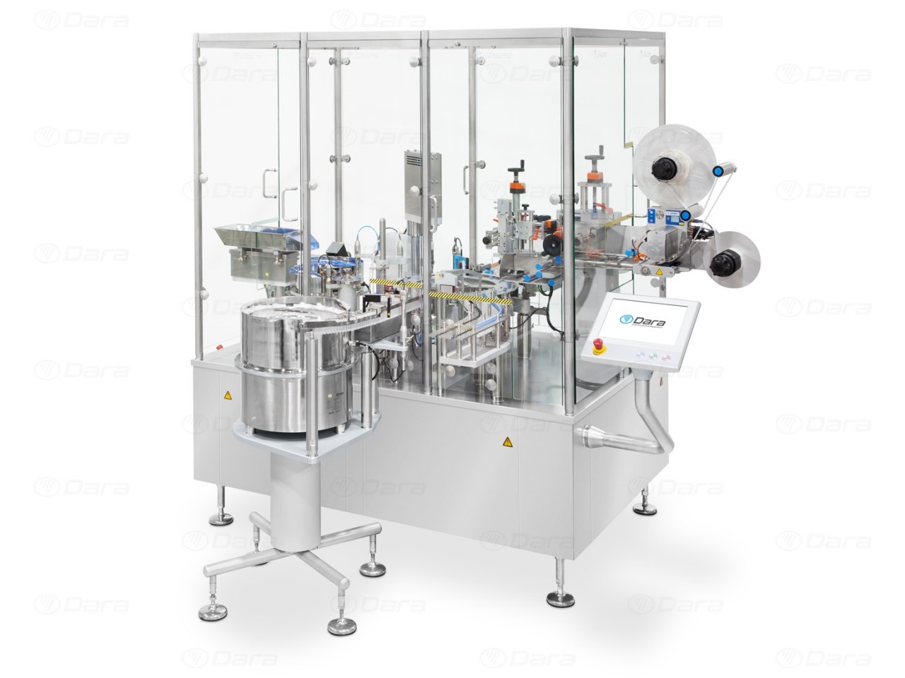 Filling, closing and labeling compact machine for automatic processing 
