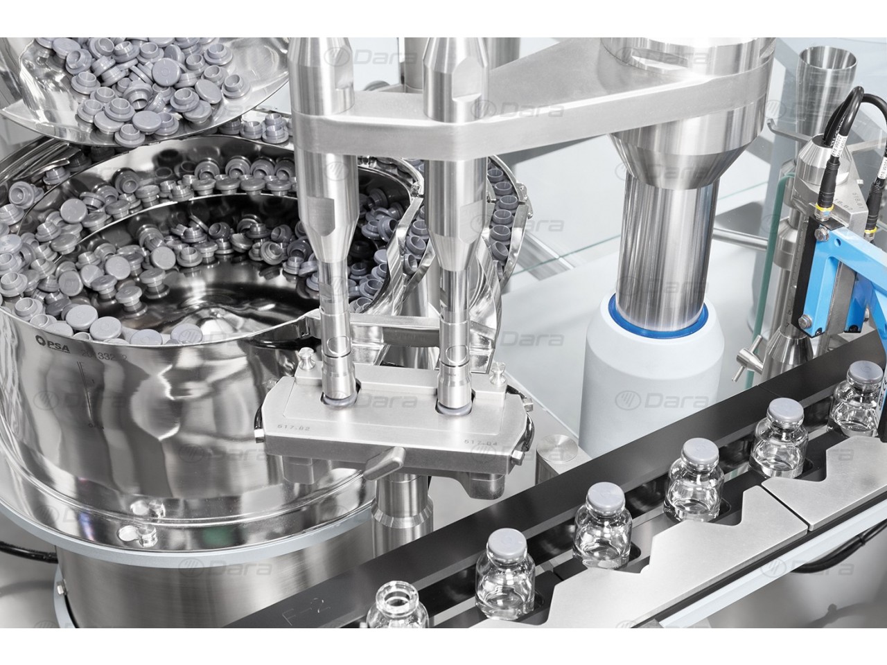 Linear machines for automatic feeding, filling and closing of vials